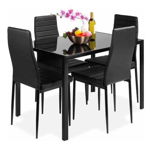 FUR-138-258-BLACK set masa din sticla 4 scaune tapițate 