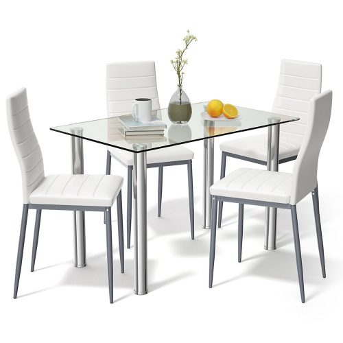 Vigor FUR-154-258-WHITE set masa din sticla 4 scaune tapițate alb